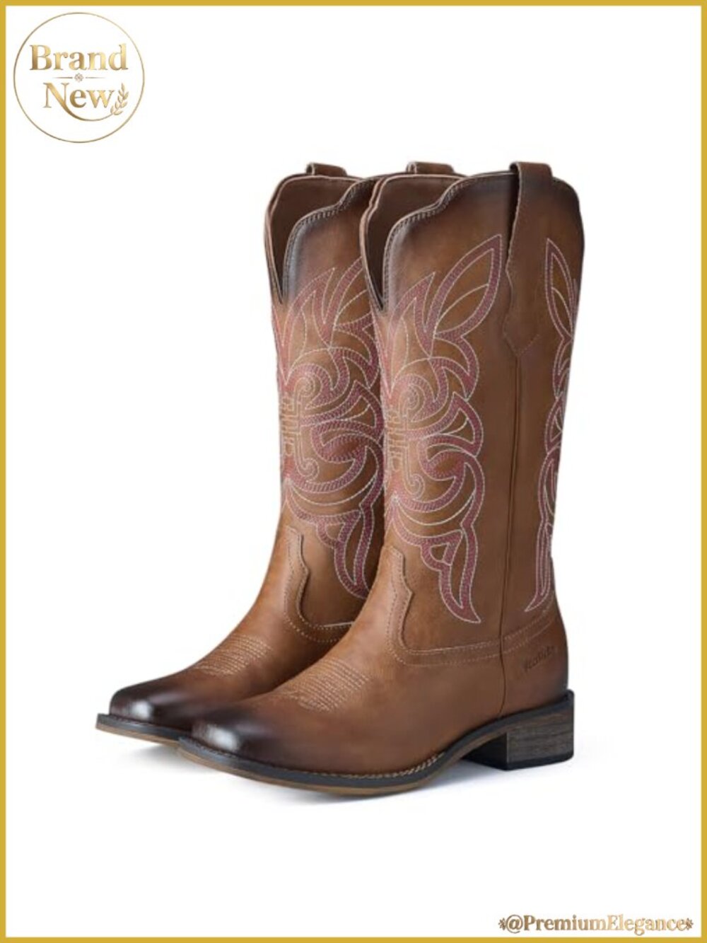 Western Cowgirl Boots Square Toe Synthetic Leather Mid Calf